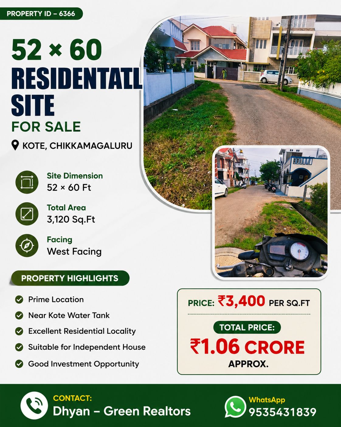 🆔 *PROPERTY ID – 6366* 🏡 *52 × 60 RESIDENTIAL SITE FOR SALE – KOTE CHIKKAMAGALURU*🏡